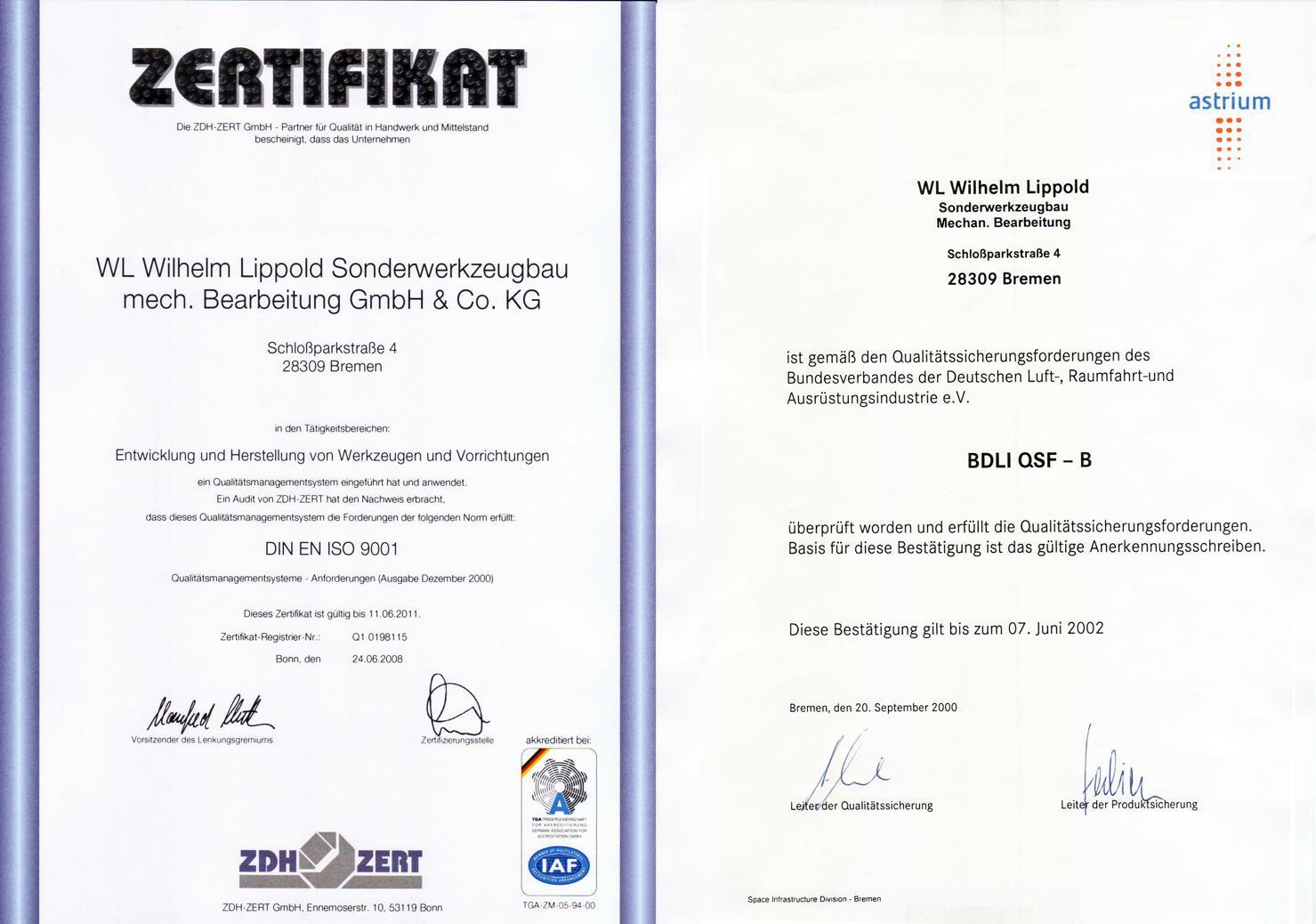 Zertifikate  9001 / Astrium